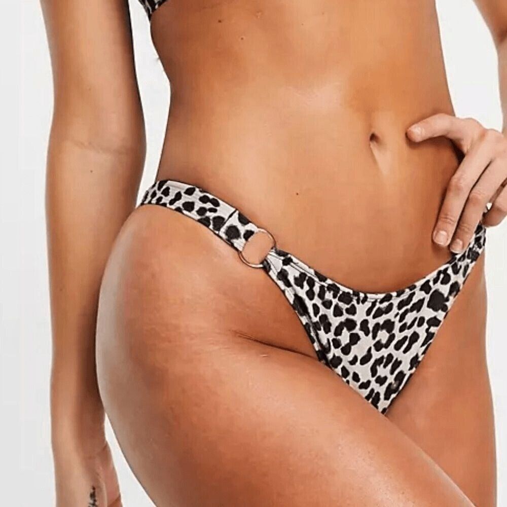 Wolf & Whistle Exclusive Rib High Leg Bikini Bottom in Animal Print Size‎ 2